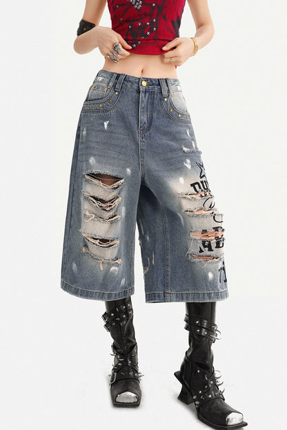Distressed Letter Print Wide Leg Denim Pants