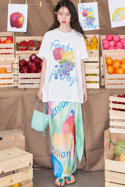 Hand-Painted Fruit Print T-Shirt and Wrap Skirt Set-Up