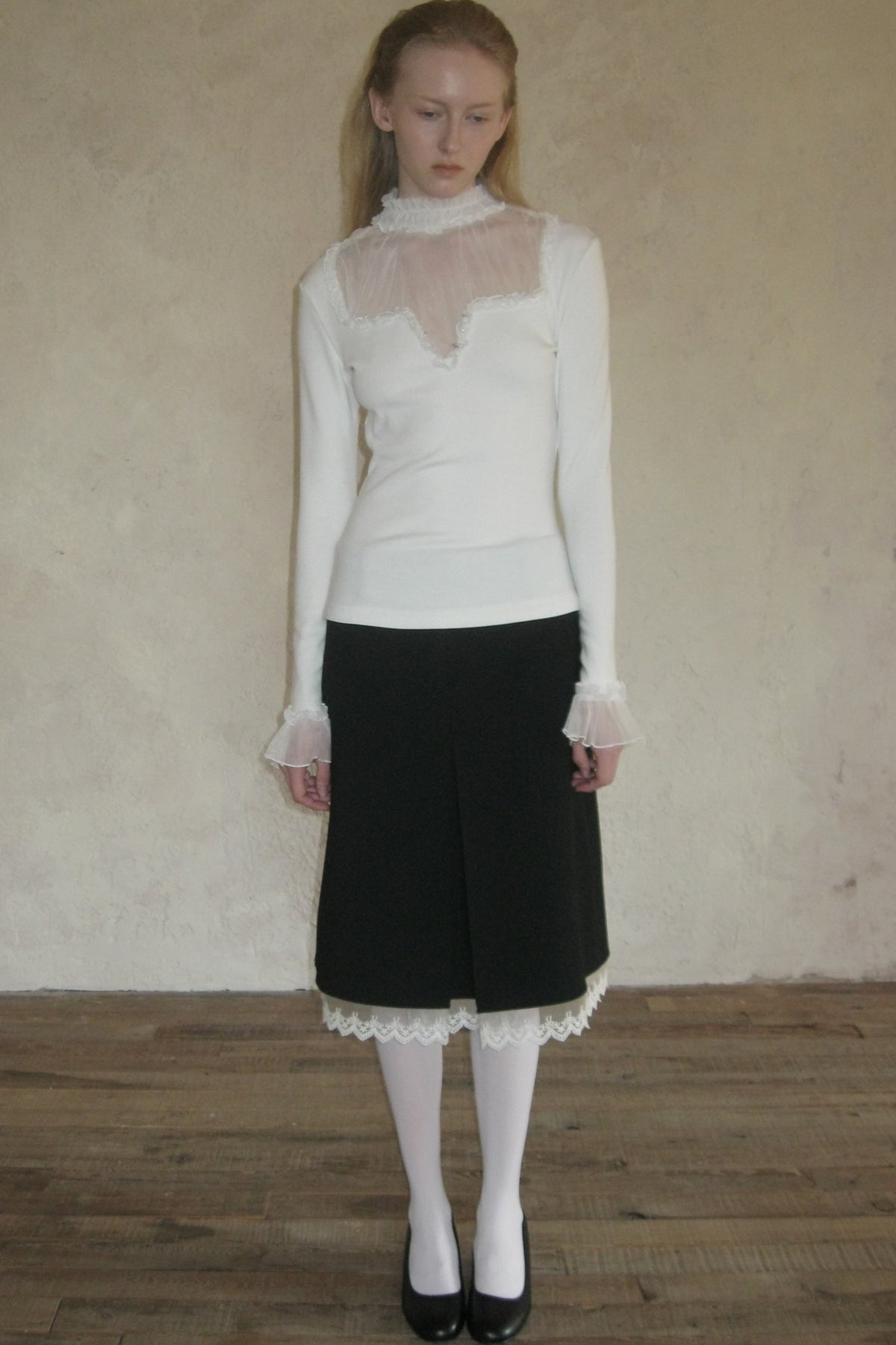 Mesh Ruffle Sleeve Knit Top