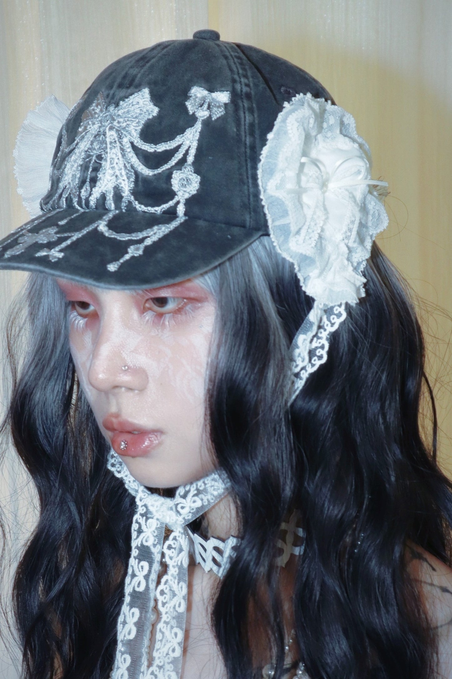 Lace Detachable Bow Washed Baseball Cap