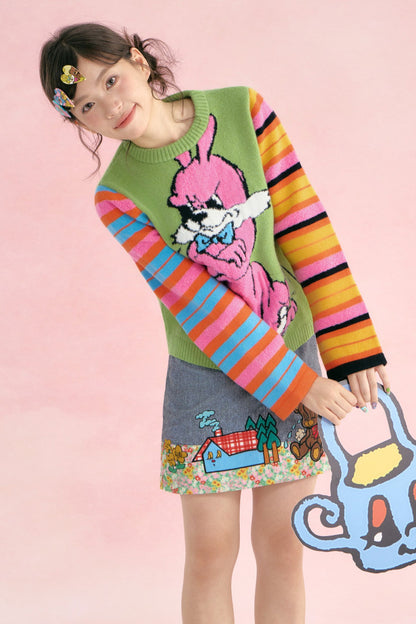 Colorful Asymmetrical Striped Heart Knit Sweater