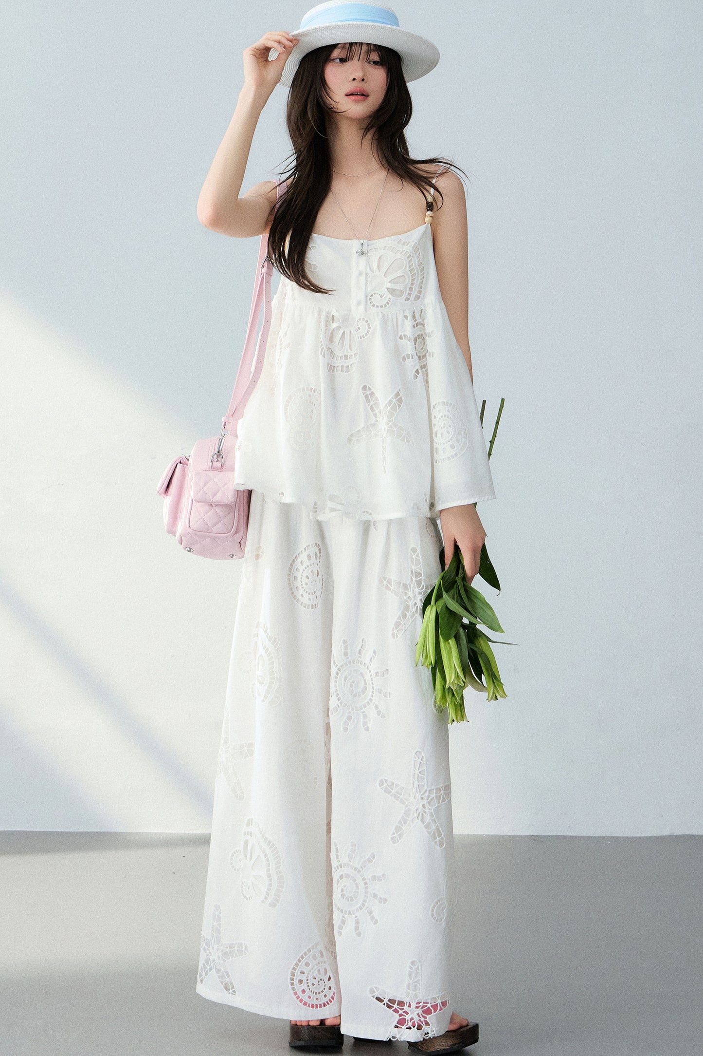 Ocean Hollow Beaded Camisole and Pants Set-Up