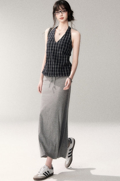 Textured Cotton Plaid Halter Camisole
