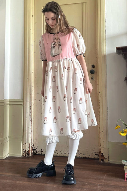 Vintage-Kurzarmkleid mit Puppen-Print