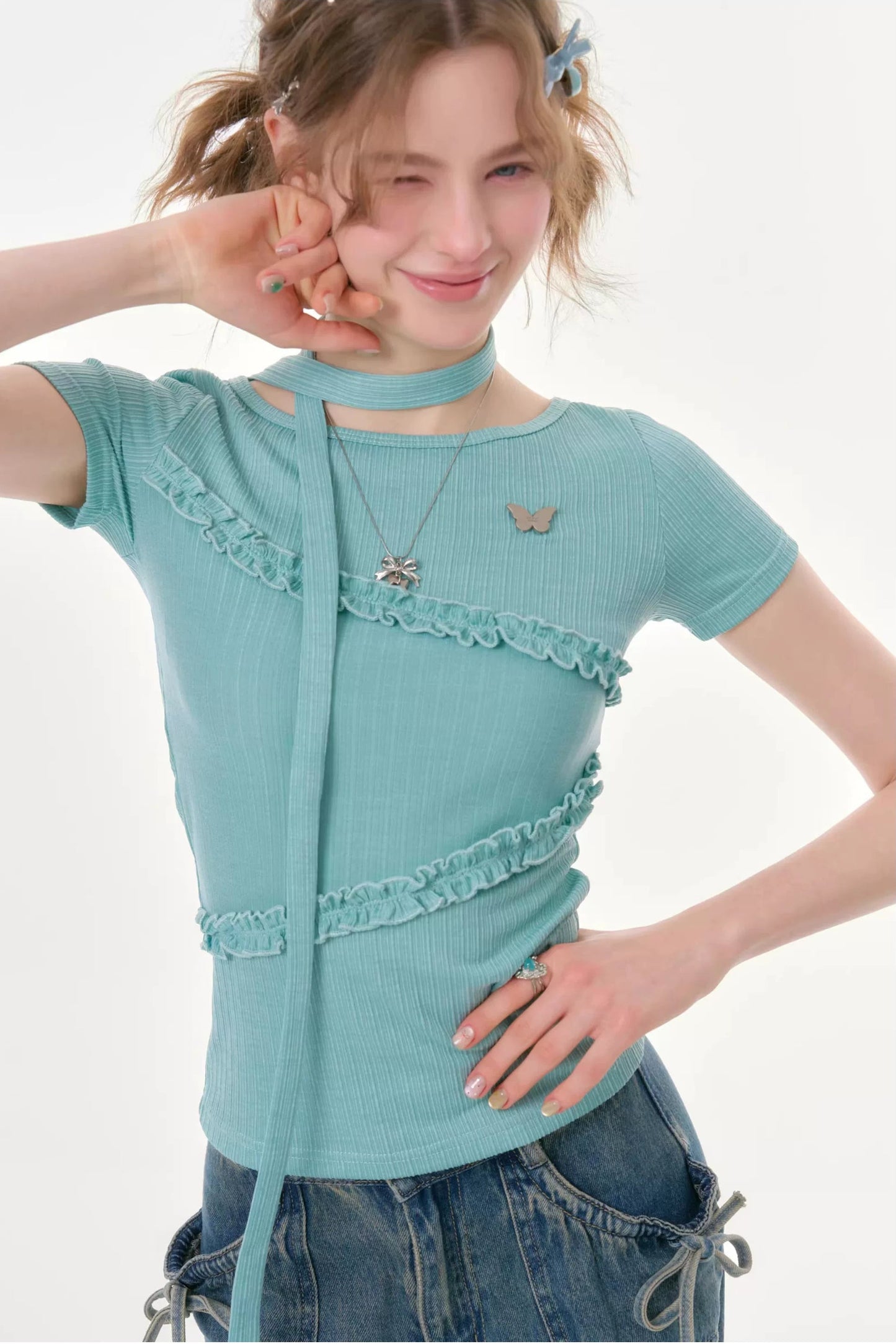 Misty Pleats Lace Ruffle T-Shirt