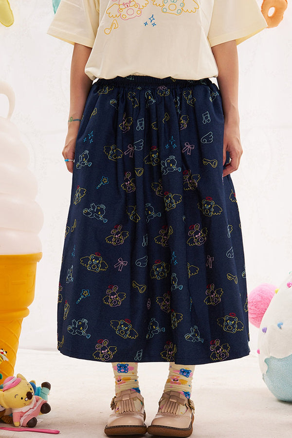 Animal Angel Print Denim Skirt