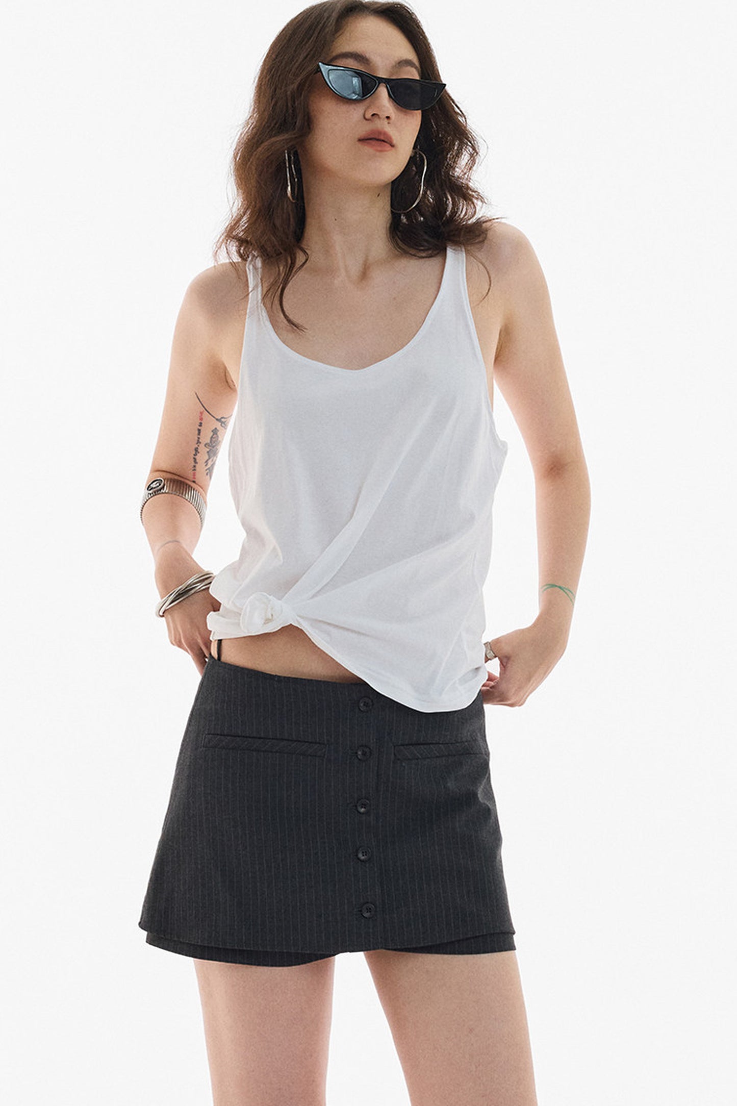 Gray White Striped Button Front Skirt