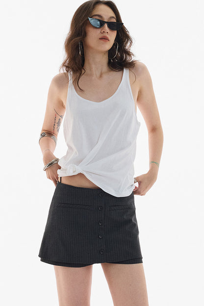 Gray White Striped Button Front Skirt