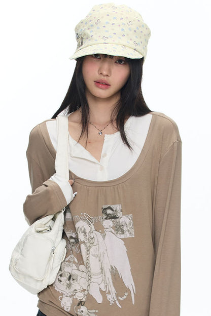 Brown Layered-Look Long Sleeve T-Shirt