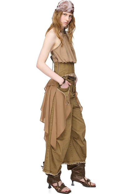 Washed Khaki Patchwork Halter Corset