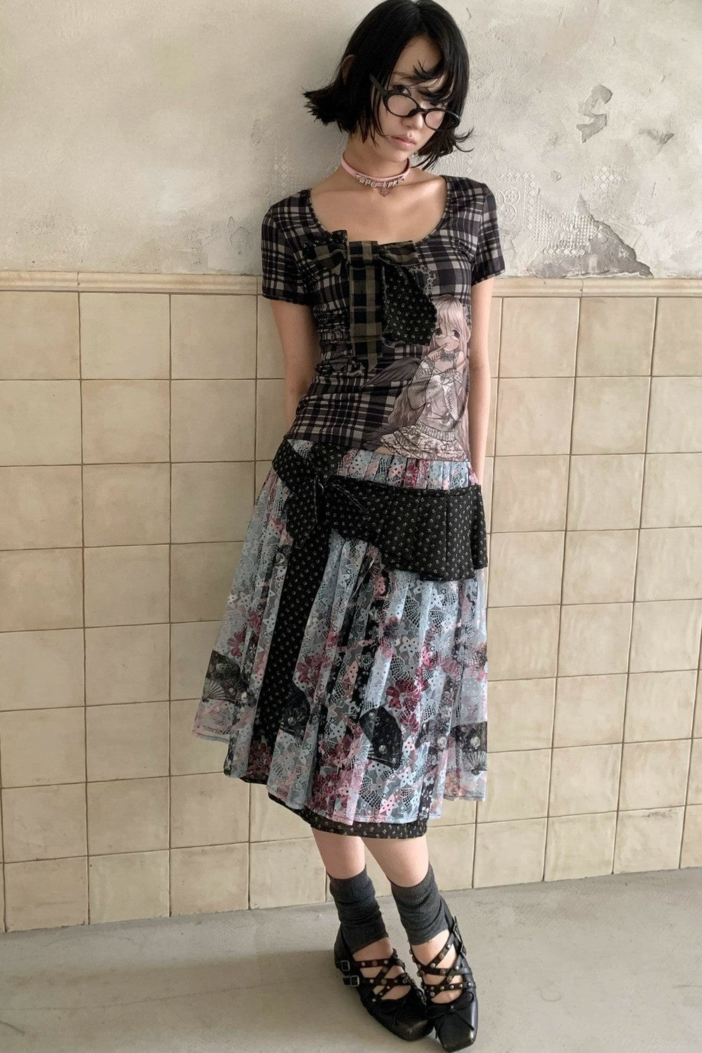 Cartoon Plaid Tie Top