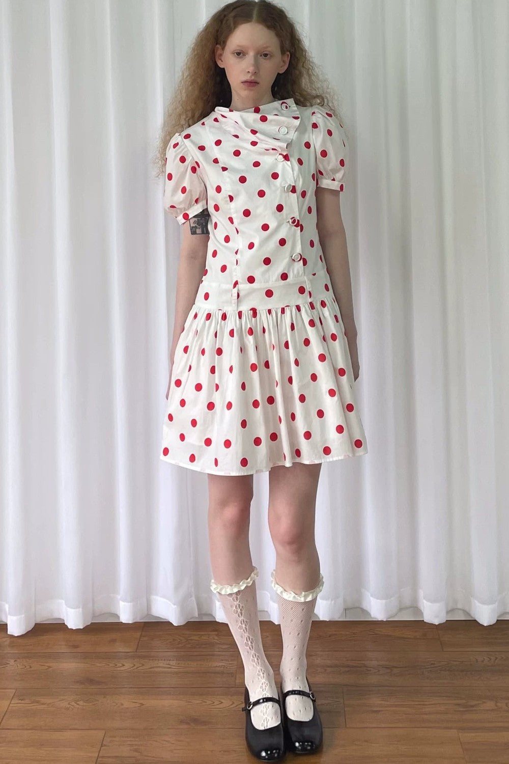 Red Retro Polka Dot Bubble Sleeve Dress