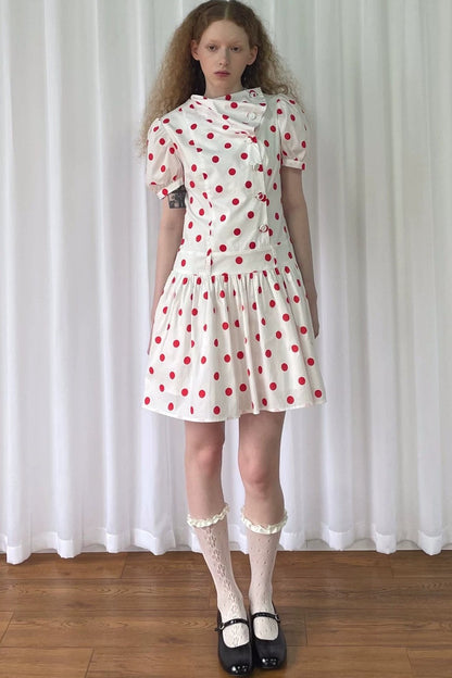 Red Retro Polka Dot Bubble Sleeve Dress
