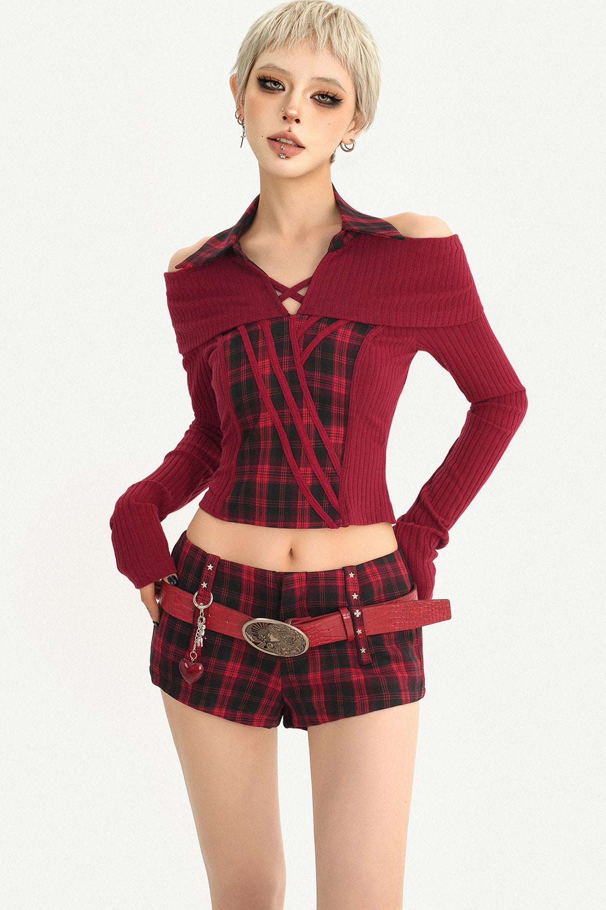 Red Plaid Low-Waisted Shorts