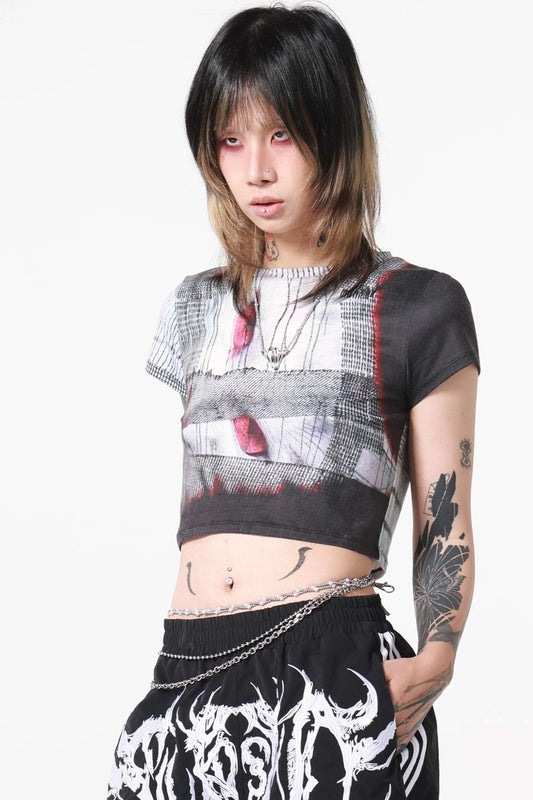 Distressed Fishnet Red Eye Cat T-Shirt