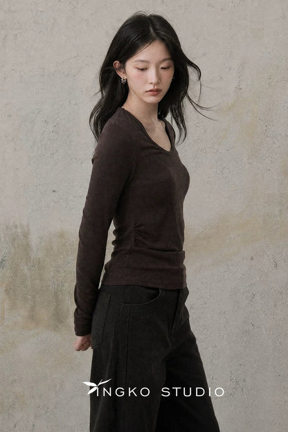 Maroon Ruched Round Neck T-Shirt