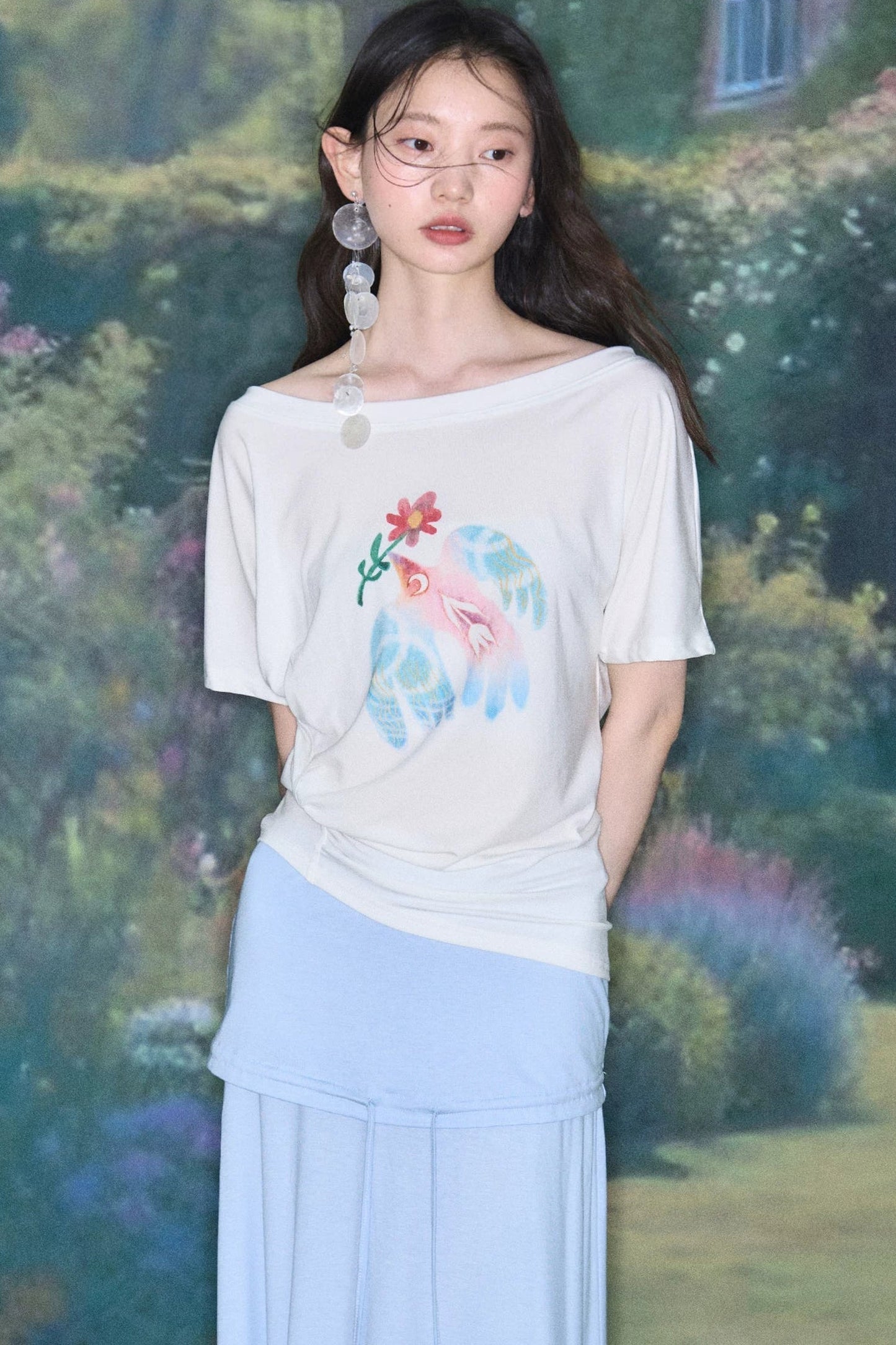 Mint Bird Print Off-Shoulder Ruched Top