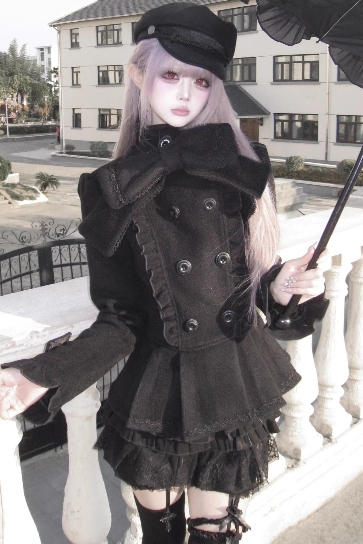 Detachable Bow Woolen Coat and Dress Set
