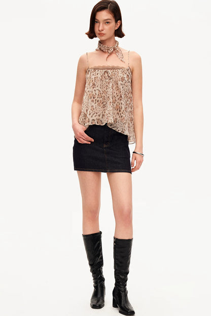 Retro Leopard Print Lace Tank Top Set