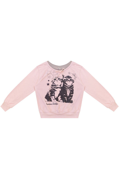 Rosa Sweatshirt mit Katzenprint und Bindeband