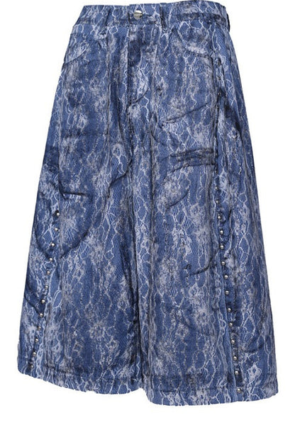 Rivet Structure Lace Denim Wide Leg Shorts