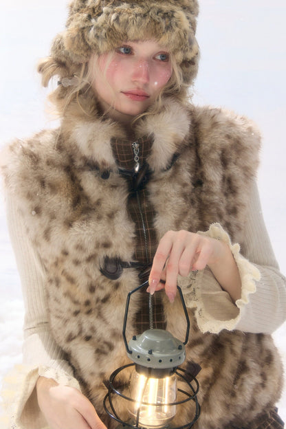 Plush Patchwork Plaid Leopard Horn Button Jacket