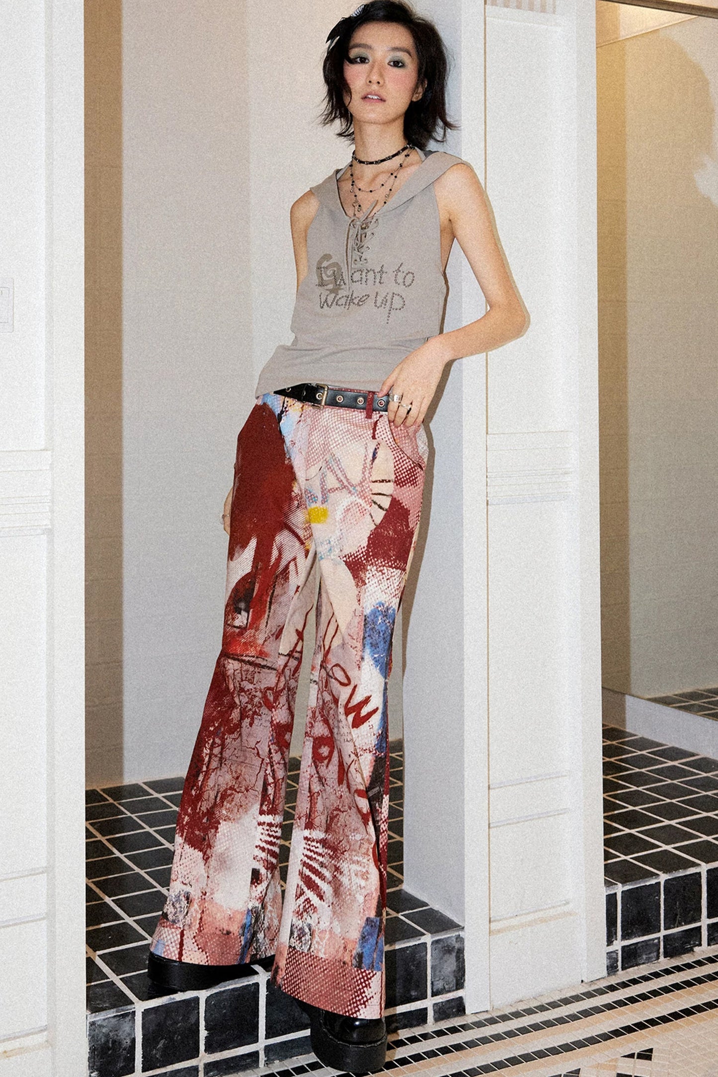Red Print Flared Pants
