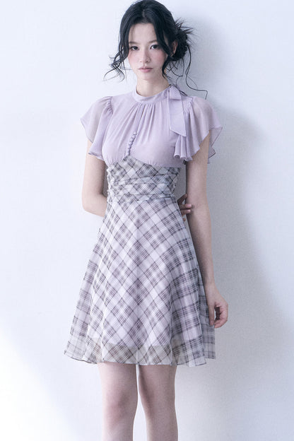 Lavender Plaid Flutter Sleeve Dress