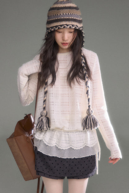 Plaid Lace Long Sleeve T-Shirt Skirt Set-Up
