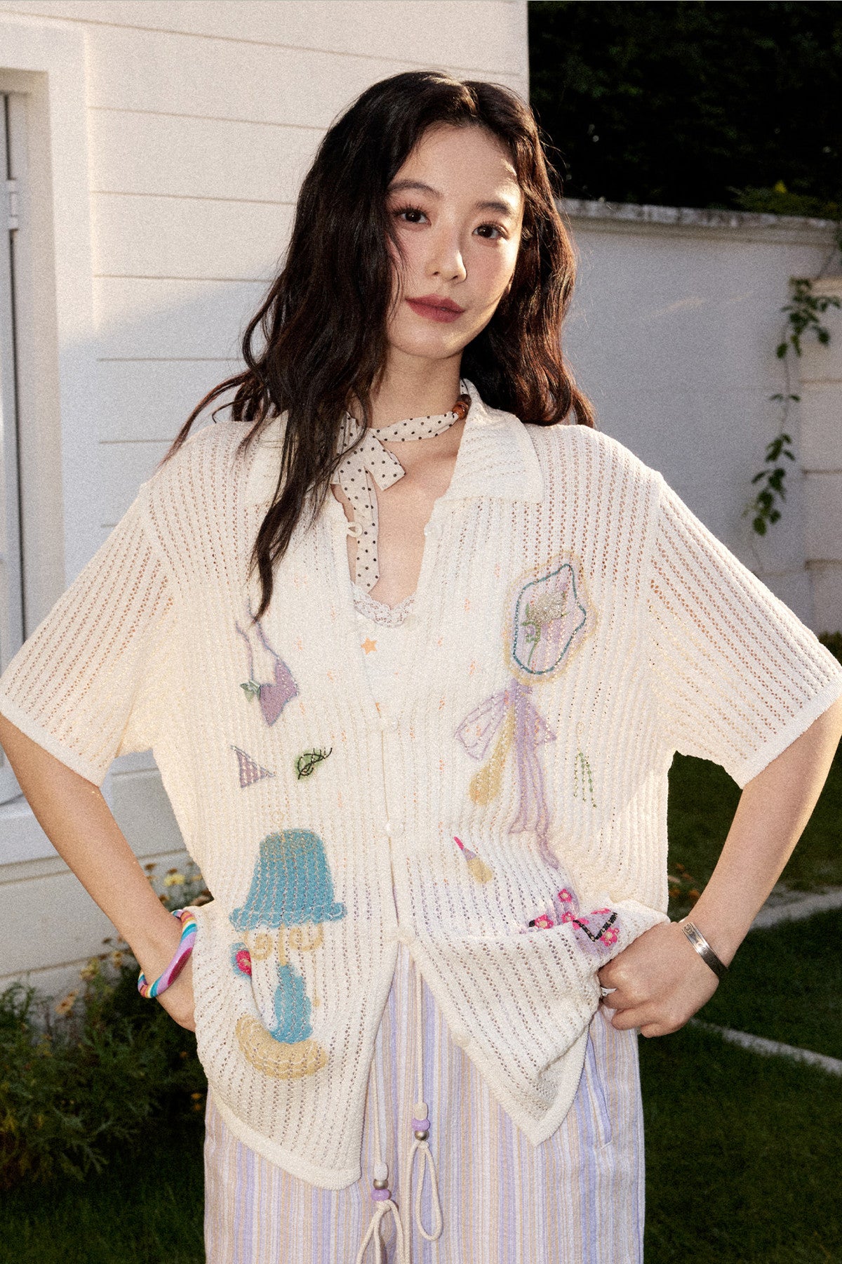 Perforated Long-Sleeved Vertical Stripe Printed Knit Set-Up