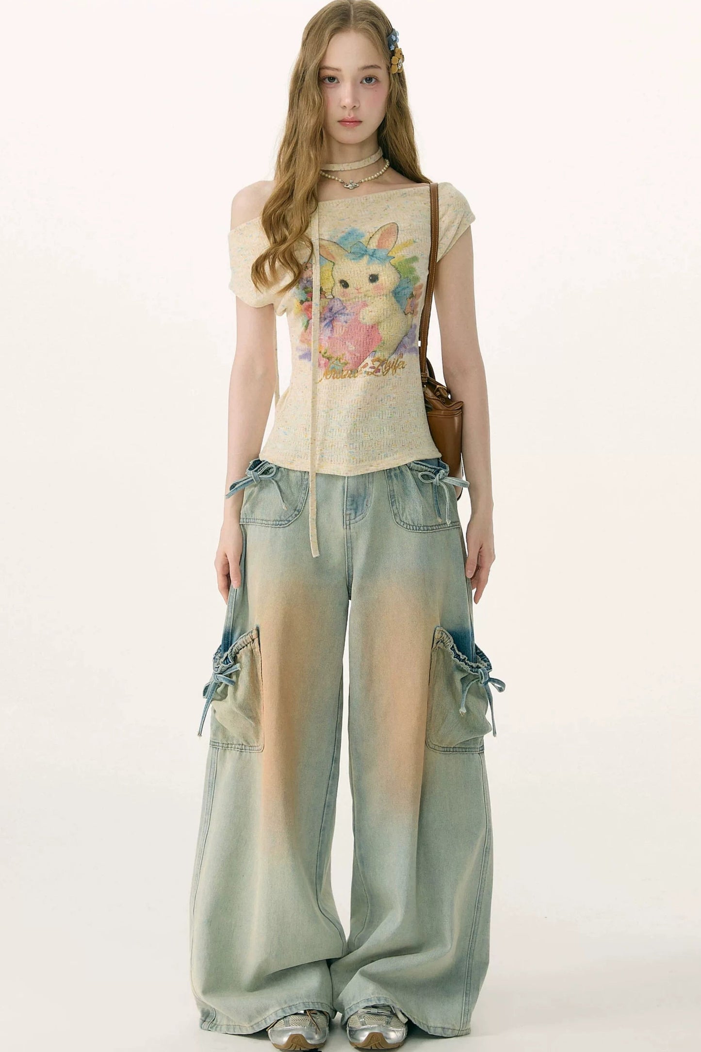 Rainbow Rabbit Knitted Off-Shoulder T-Shirt