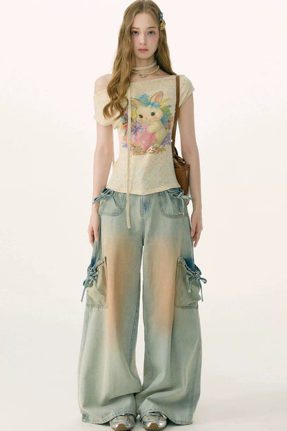 Rainbow Rabbit Knitted Off-Shoulder T-Shirt