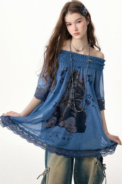 Cat Print Lace Trim Off-Shoulder Top