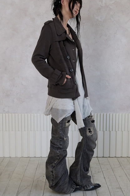 Trench Style Printed Unhemmed Double-Breasted Jacket
