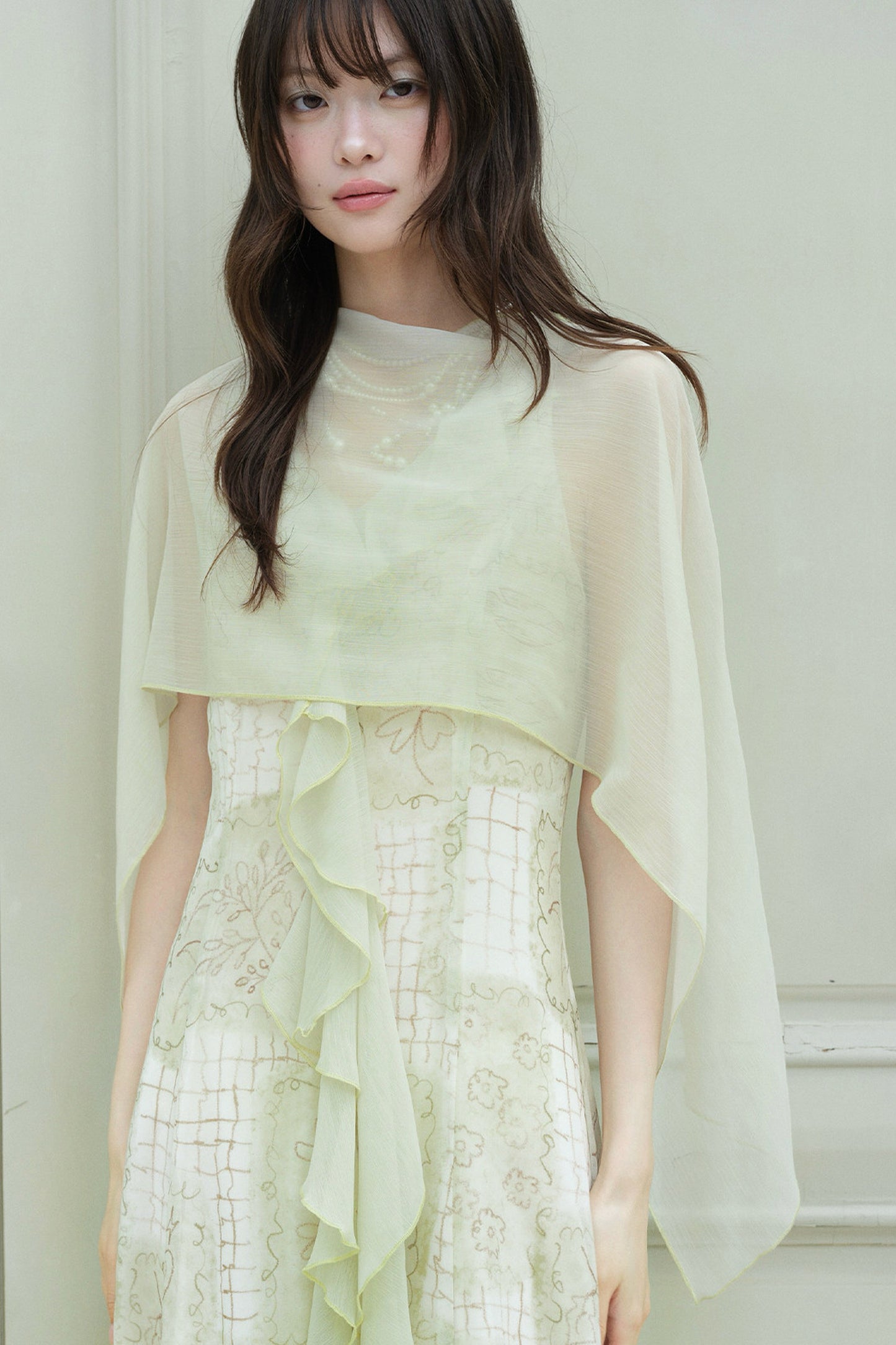 Ruffled Chiffon Grid Long Dress