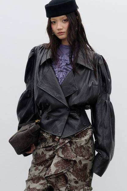 Puff Sleeve PU Leather Silhouette Jacket