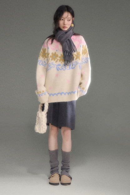 Retro Fair Isle Floral Jacquard Wool Sweater
