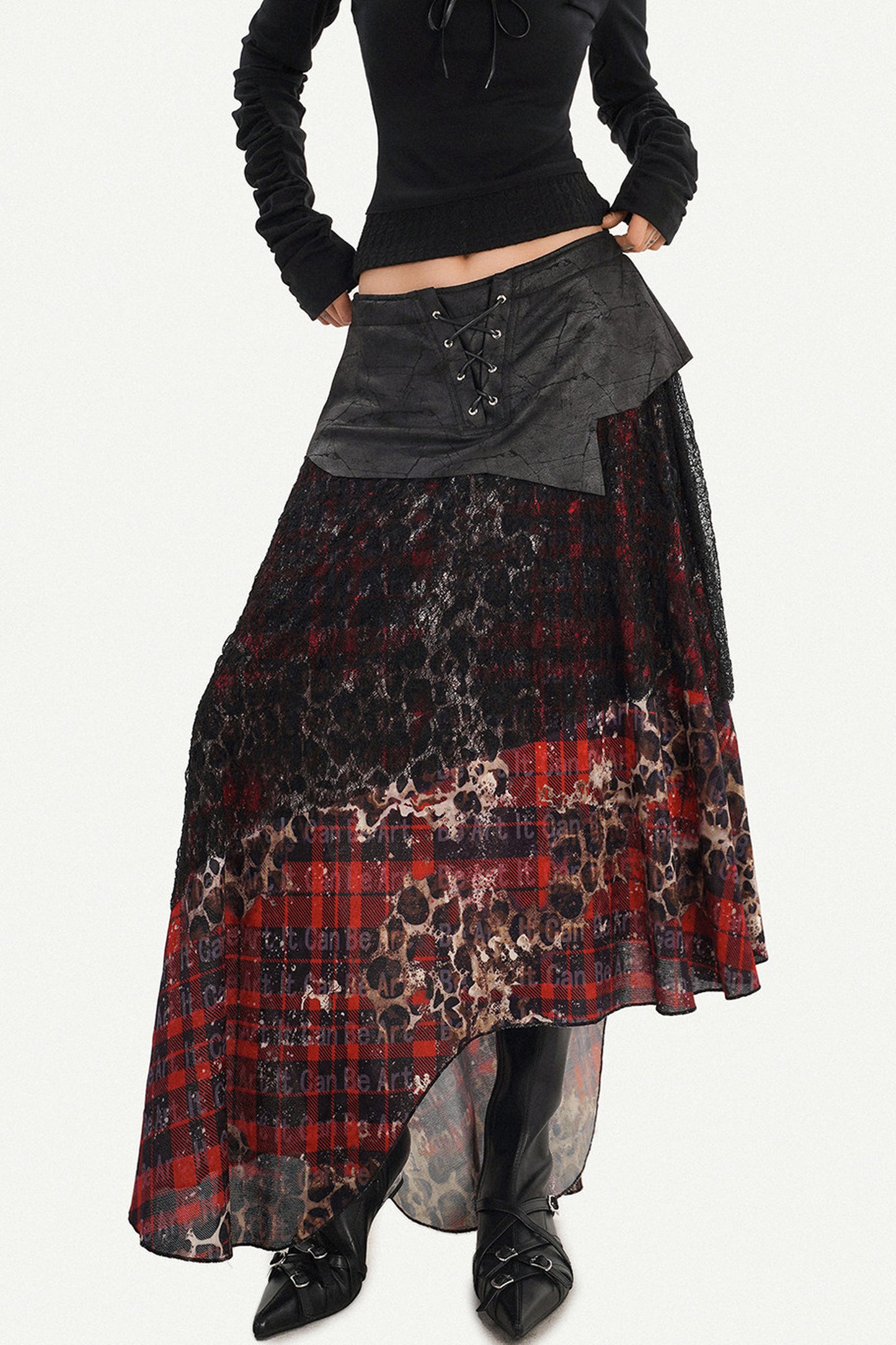 Dark Red Plaid Mesh Skirt and Top Set