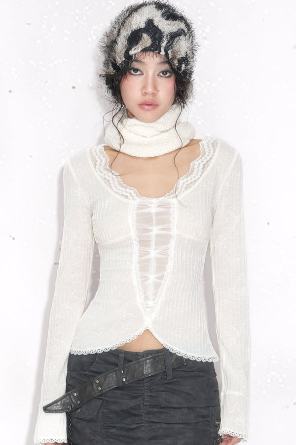 White Long-Sleeved Lace Knit Top