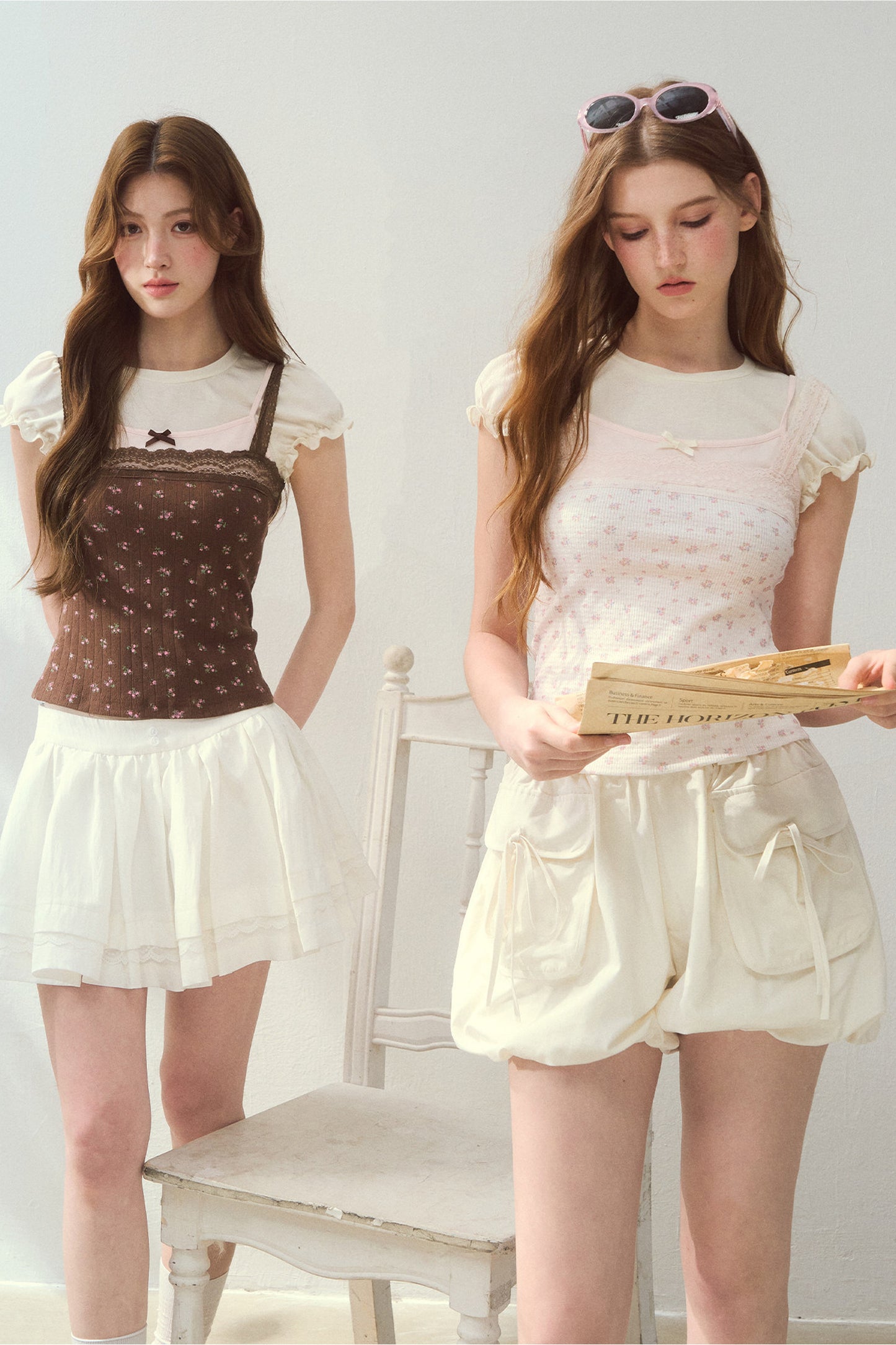 Floral Patchwork Lace Strap Puff Sleeve Top