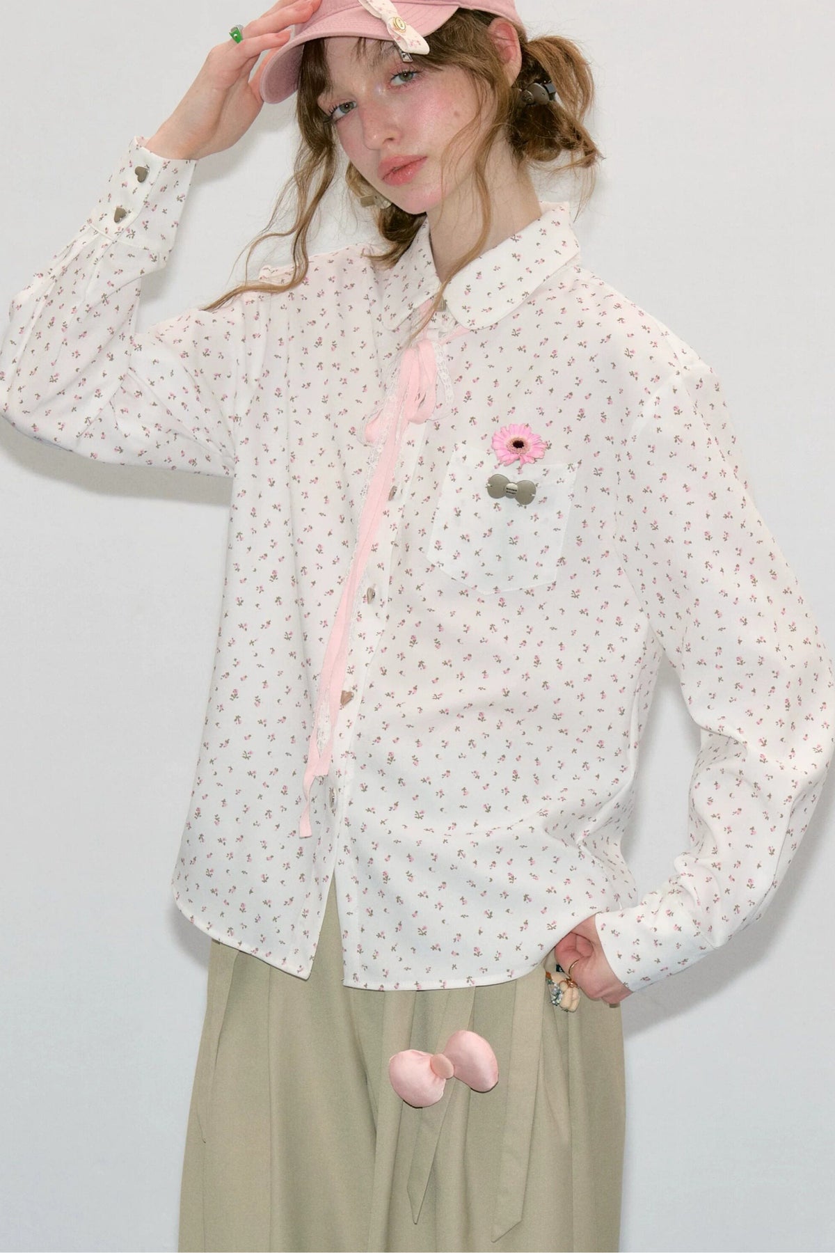 Lace-Up Doll Collar Floral Shirt