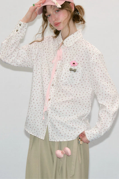 Lace-Up Doll Collar Floral Shirt