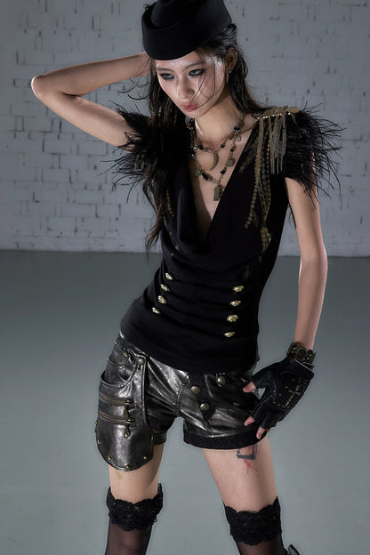 Gold Foil Feather Fringe Vest