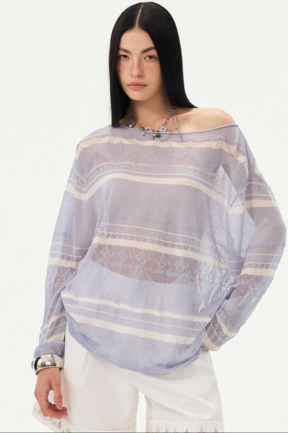 Pink Knit Hollow-Out Crochet-Style Pullover Top
