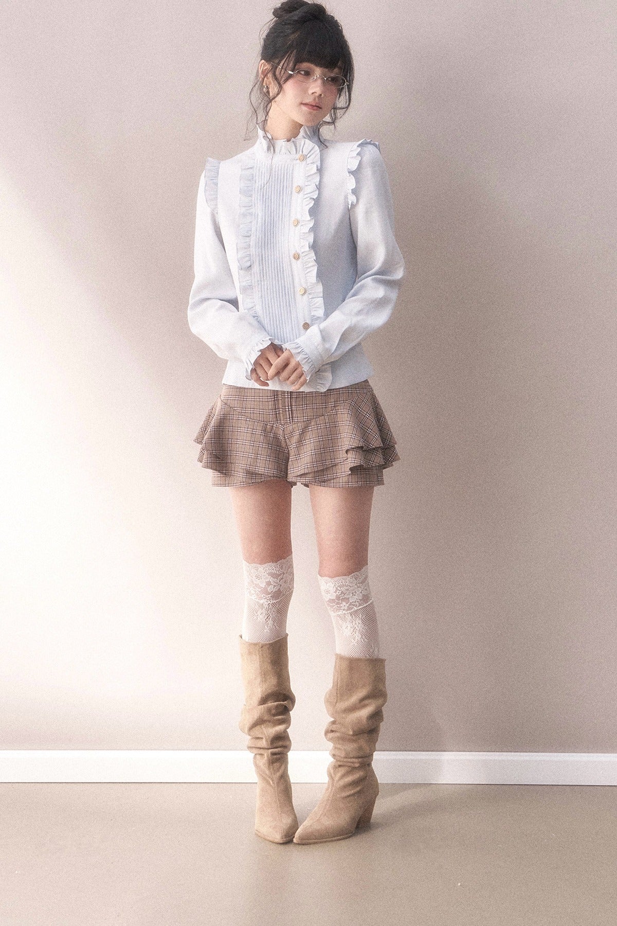 Multi-Layered Ruffled Brown Plaid Skirt