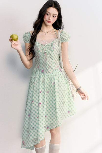 Mint Green Plaid Floral Lace Dress