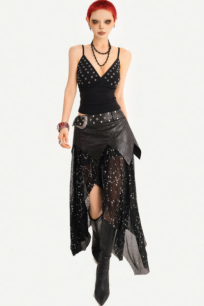Black Deep V-Neck Metal Grommet Camisole
