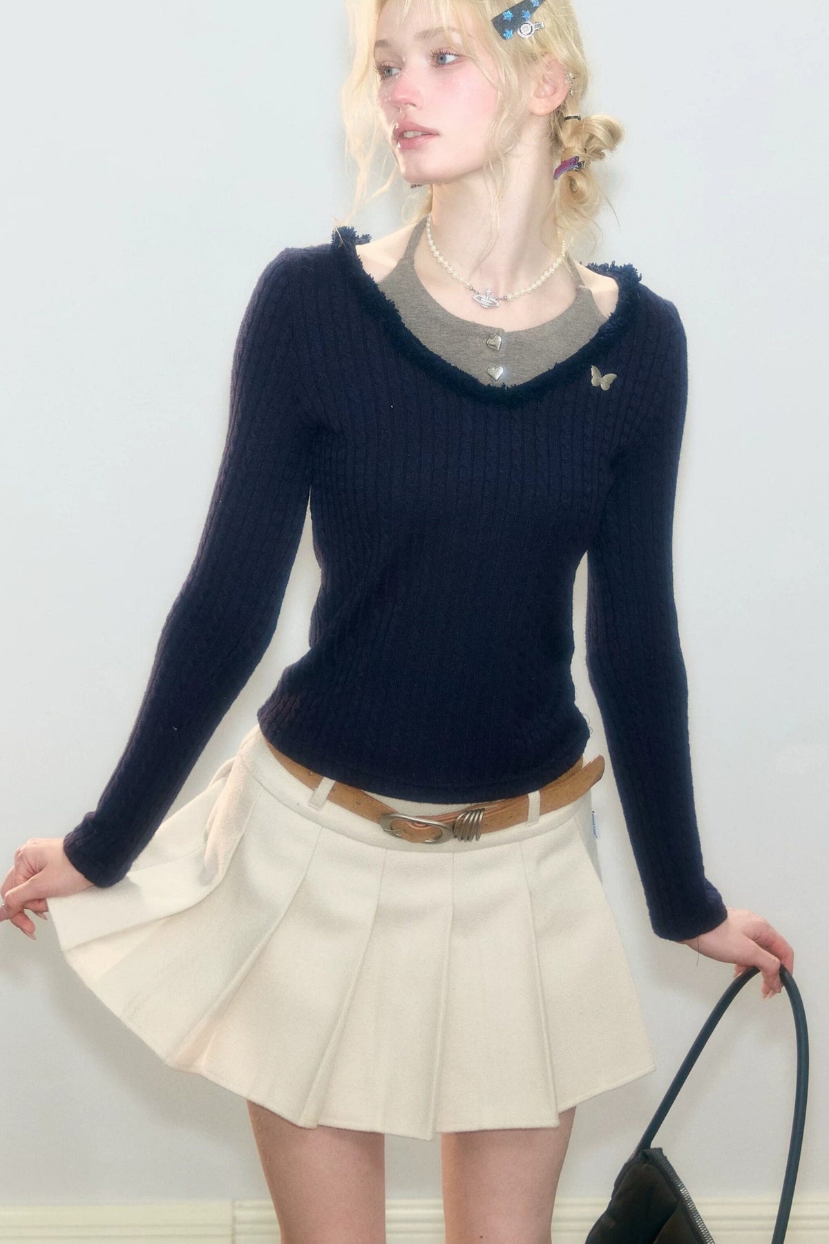Layered-Look Frayed Knit Top