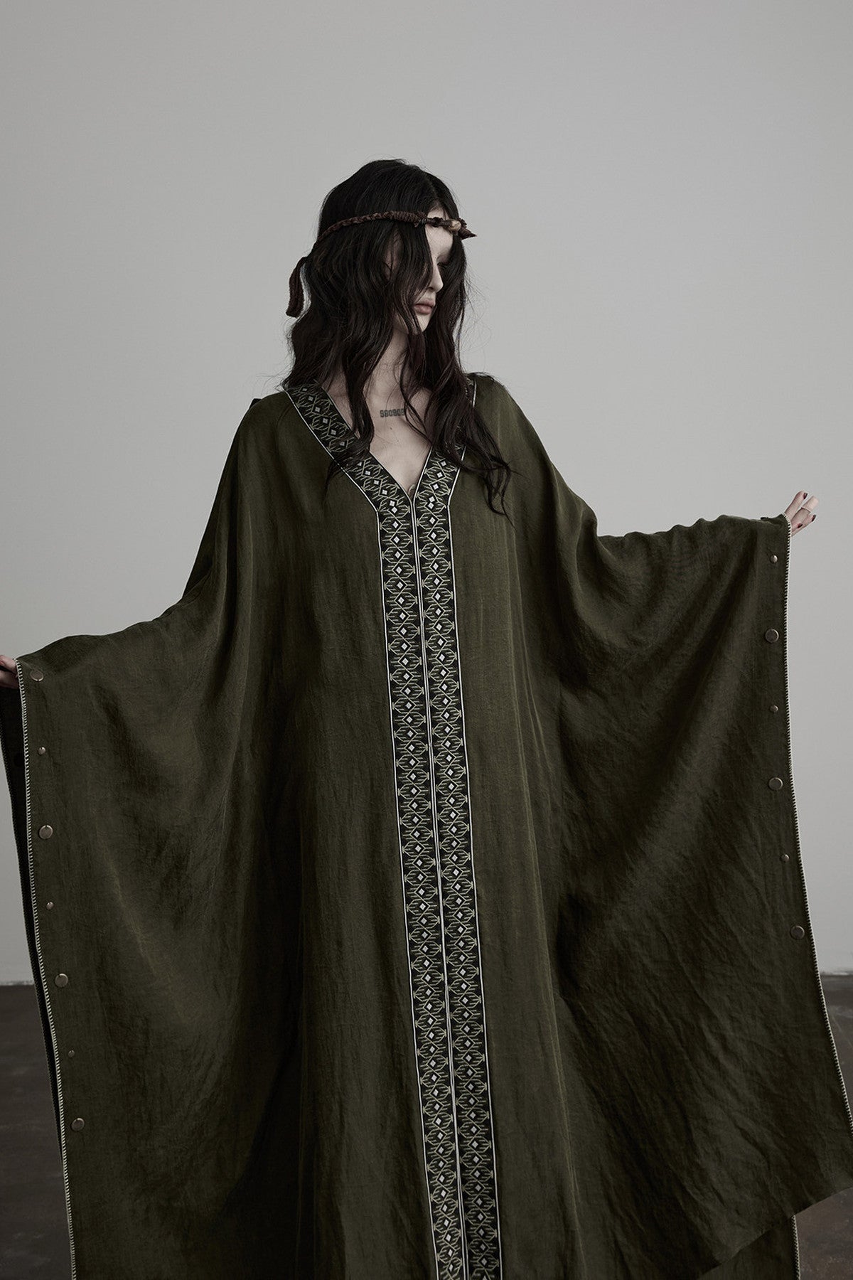 Dark Forest Green Embroidered Detachable Hood Cape