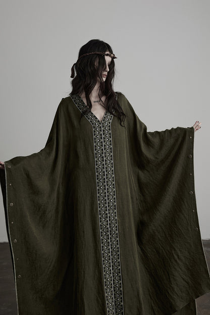 Dark Forest Green Embroidered Detachable Hood Cape